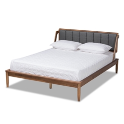 Baxton Studio Helsa Mid-Century Modern Dark Grey Fabric Upholstered and Walnut Finished Full Size Platform Bed